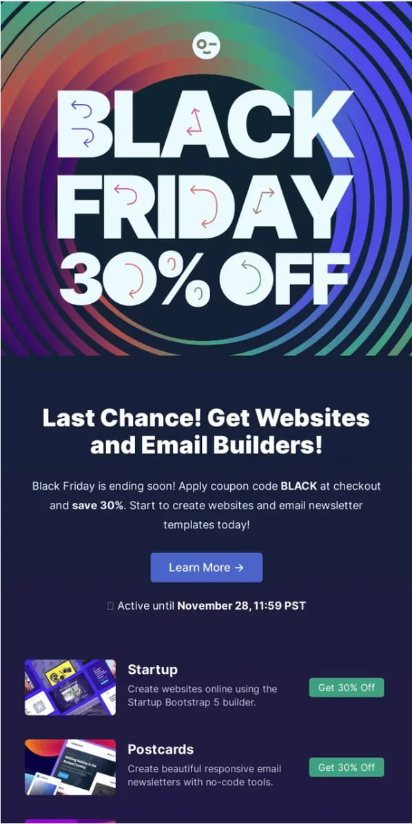 Example of a Black Friday email that creates a sense of urgency with phrases like “last chance.